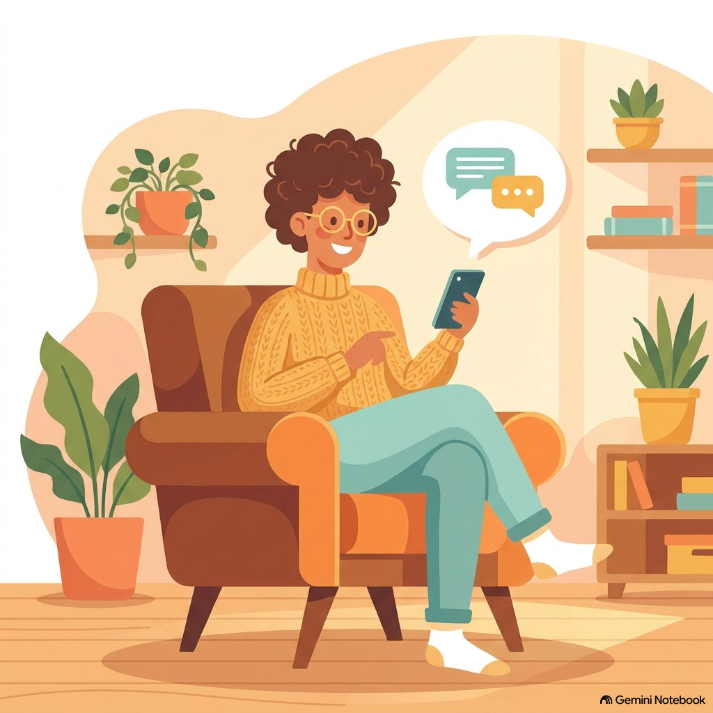 A friendly person sitting comfortably in an armchair, texting on a smartphone with speech bubbles.