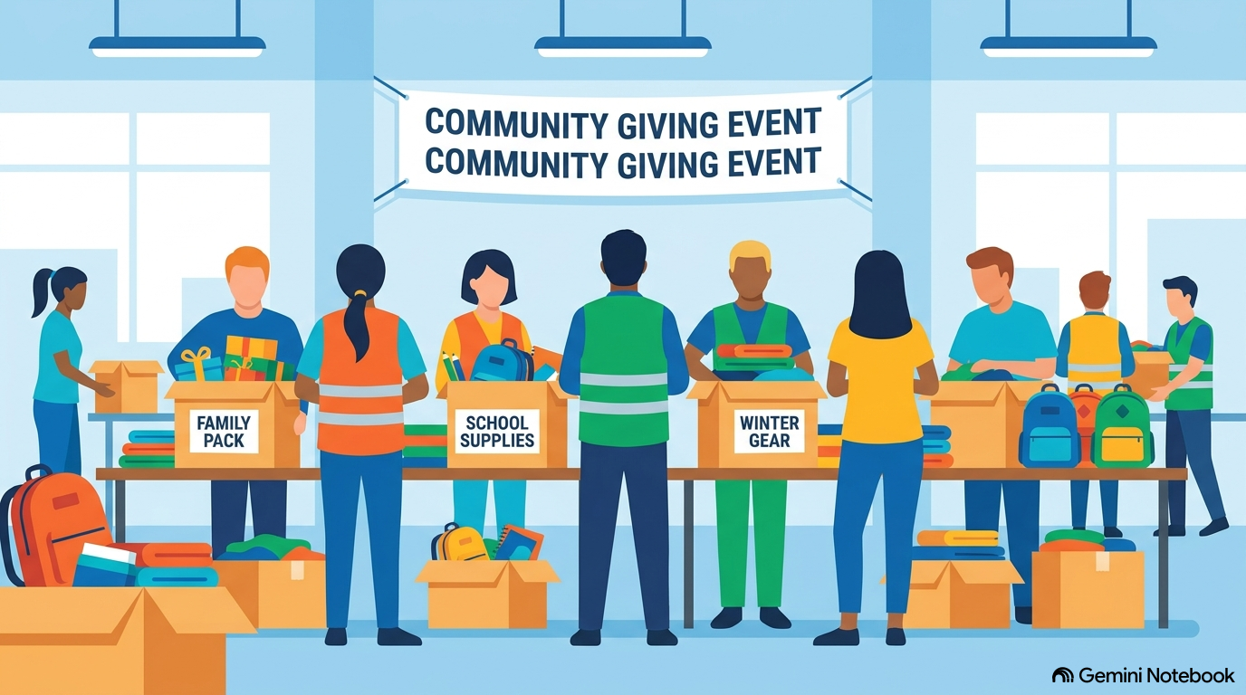 Vector graphic of community volunteers packing school supplies and holiday gift boxes for families.