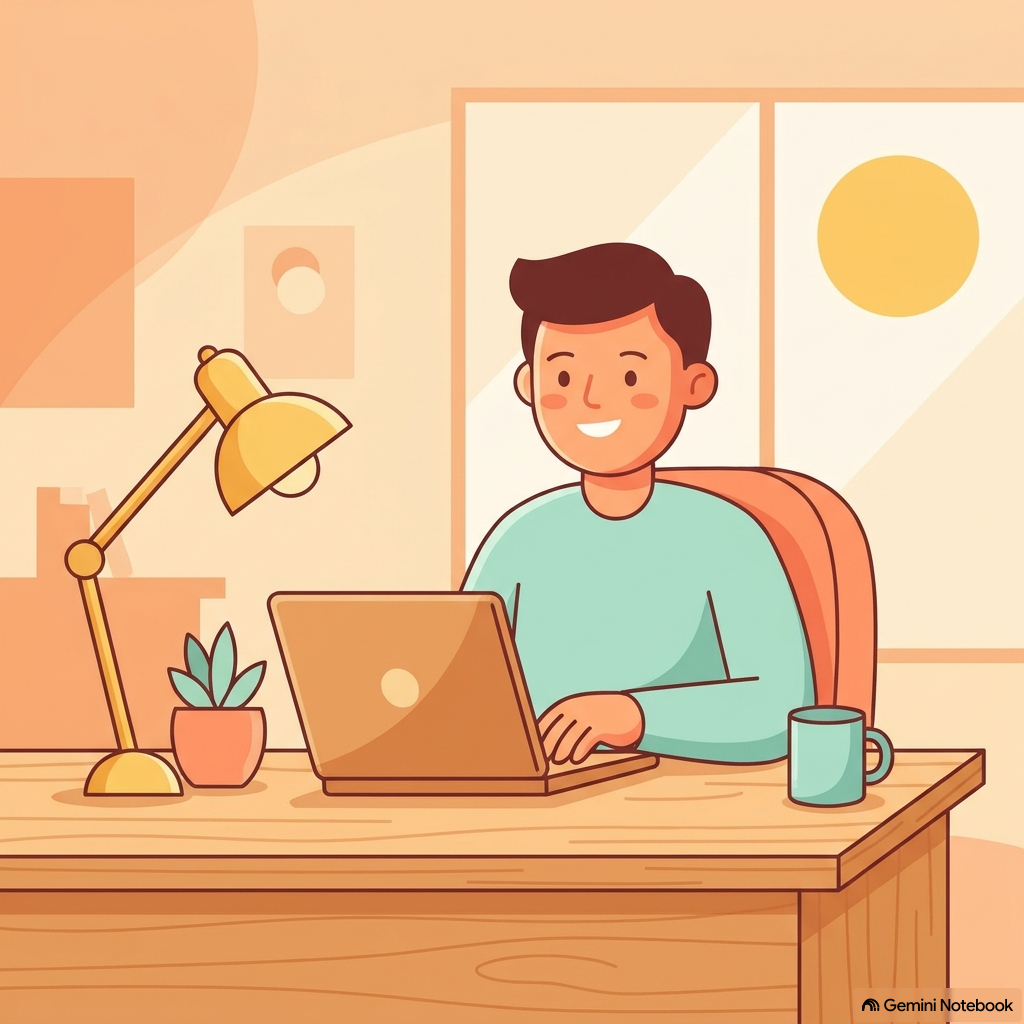 A smiling person at a wooden desk typing an email on a laptop next to a lamp and coffee mug.