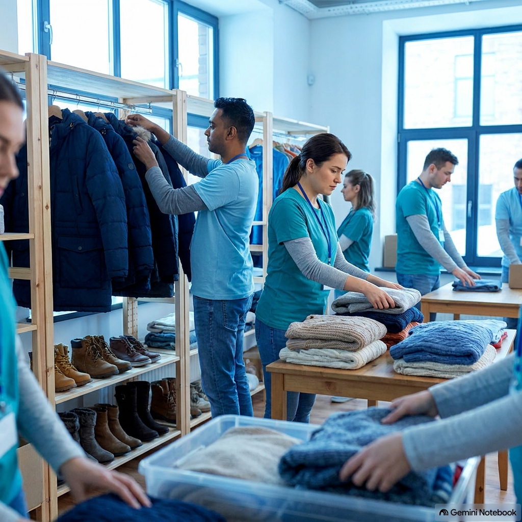 Realistic photo of volunteers neatly organizing coats and clothes on racks in a clothing closet