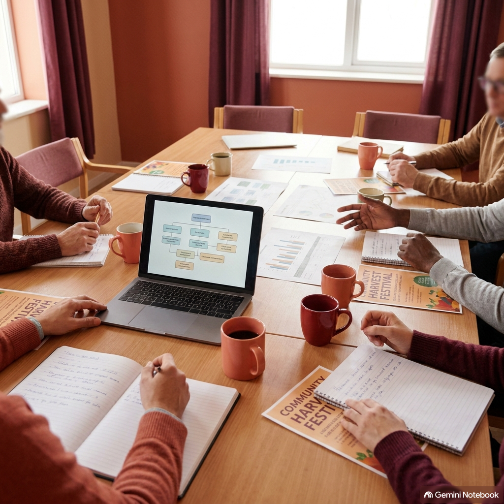 Realistic photo of a volunteer committee collaborating around a table with notebooks and flyers