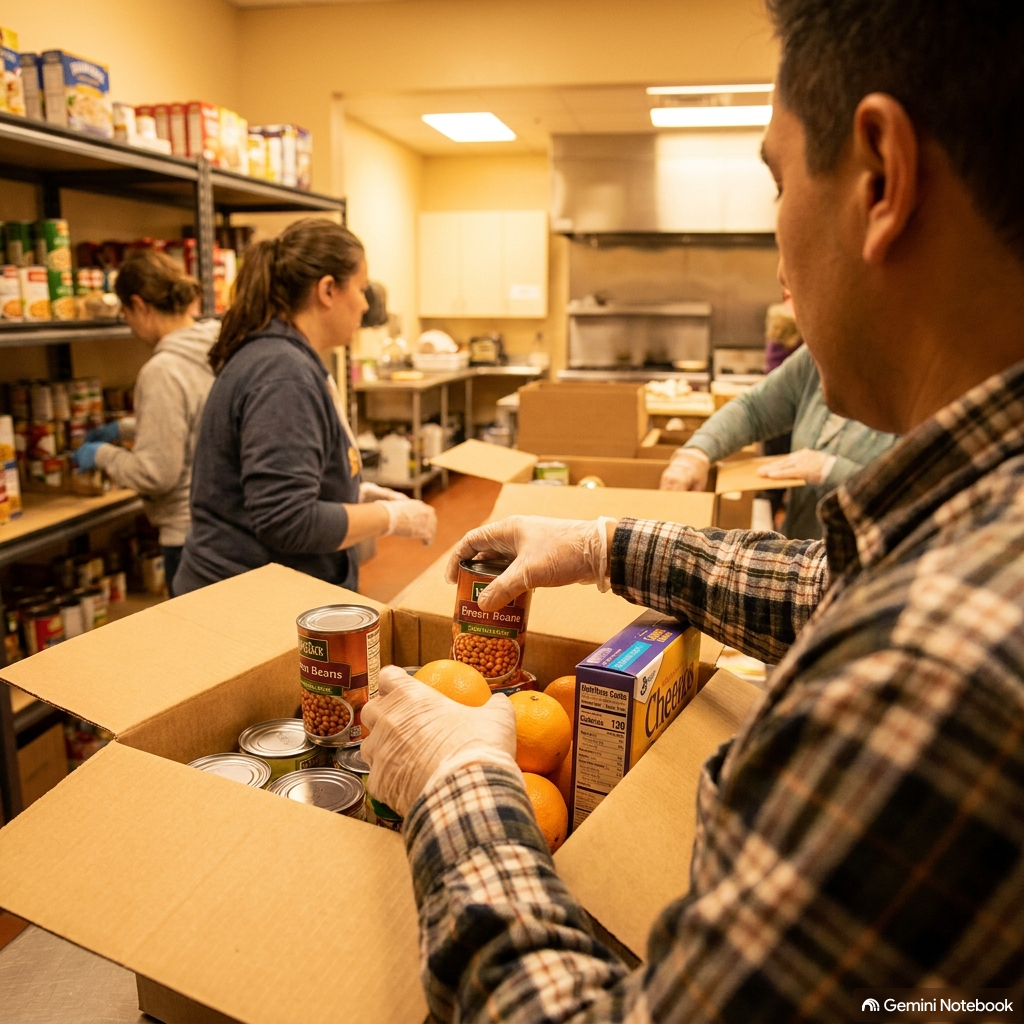 Realistic photo of volunteers packing emergency food boxes with canned goods in a brightly lit food pantry