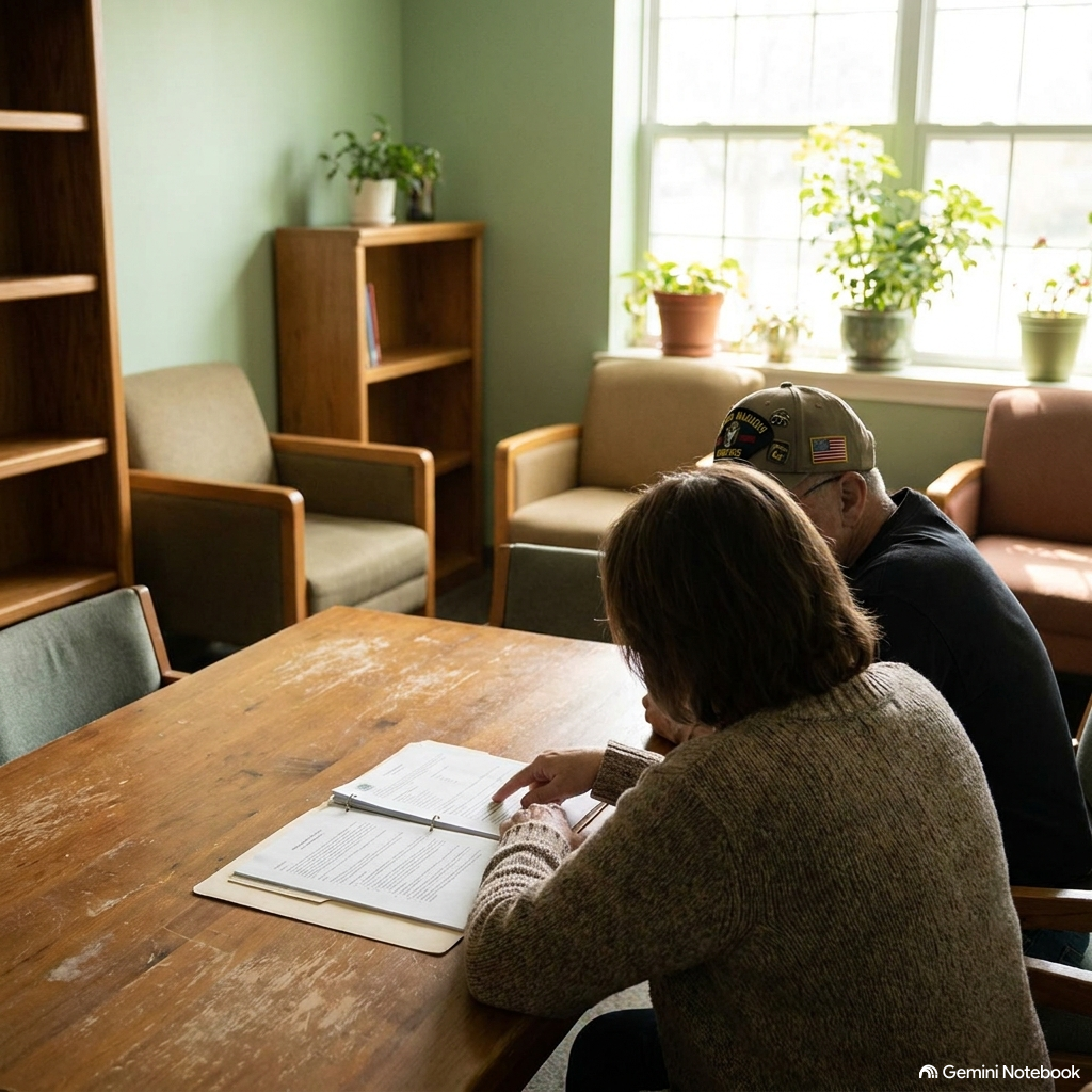 Realistic photo of a mentor and veteran reviewing guidance paperwork at a wooden table in a sunlit room
