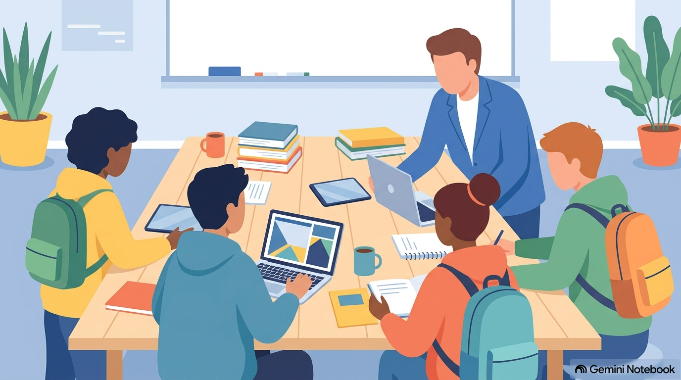Vector illustration from behind young students and a mentor collaborating around laptops and books in a classroom.